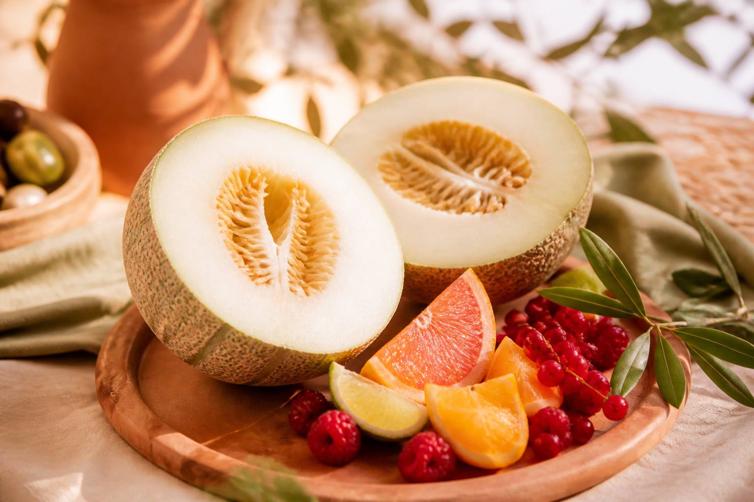 Melon miel coupé en deux avec quartiers d'agrumes et baies rouges