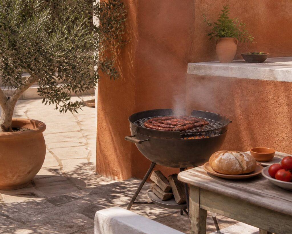Merguez en cours de cuisson sur une grille au-dessus des braises