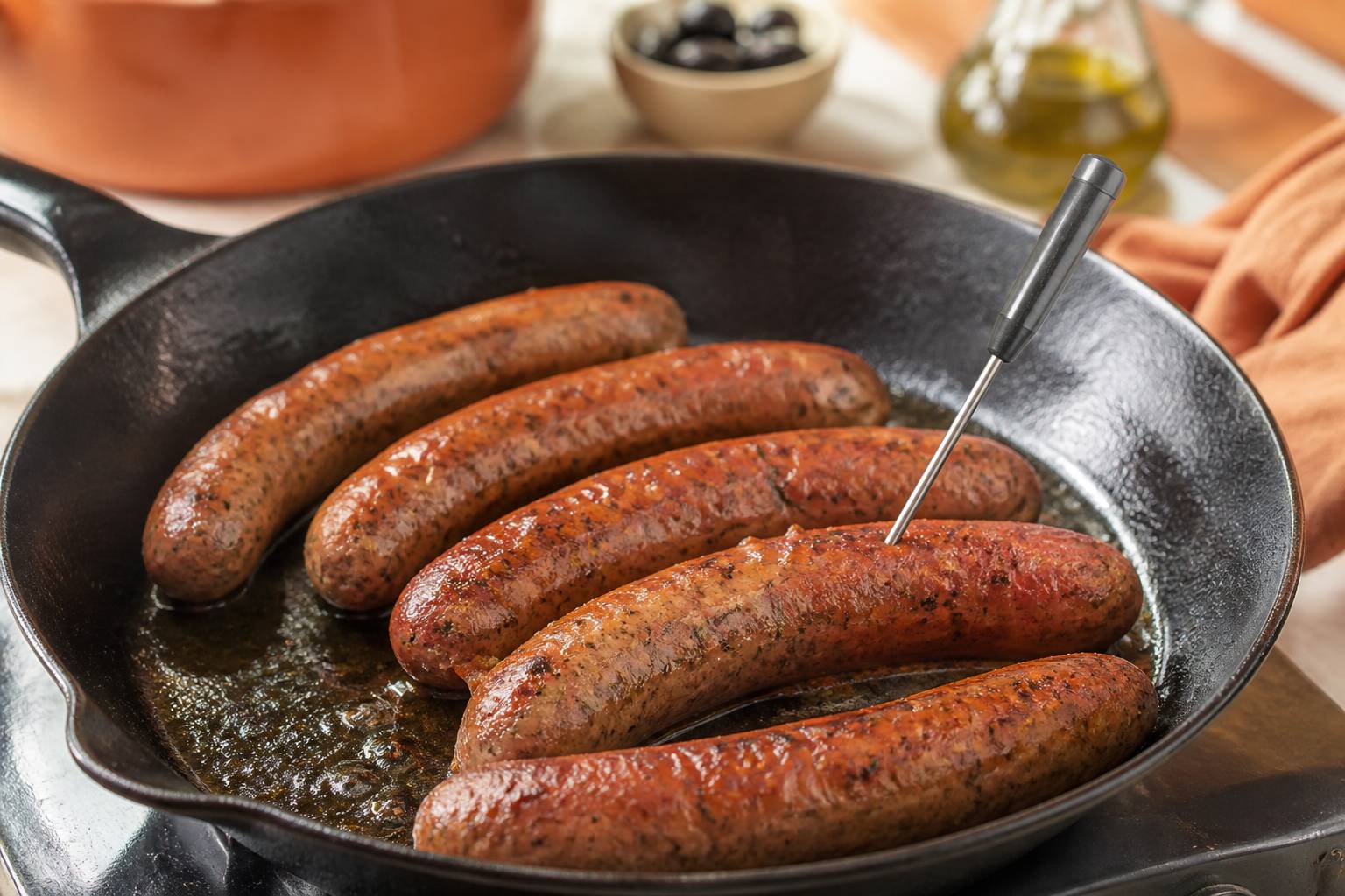 Merguez dans une poêle avec un thermomètre de cuisson à sonde