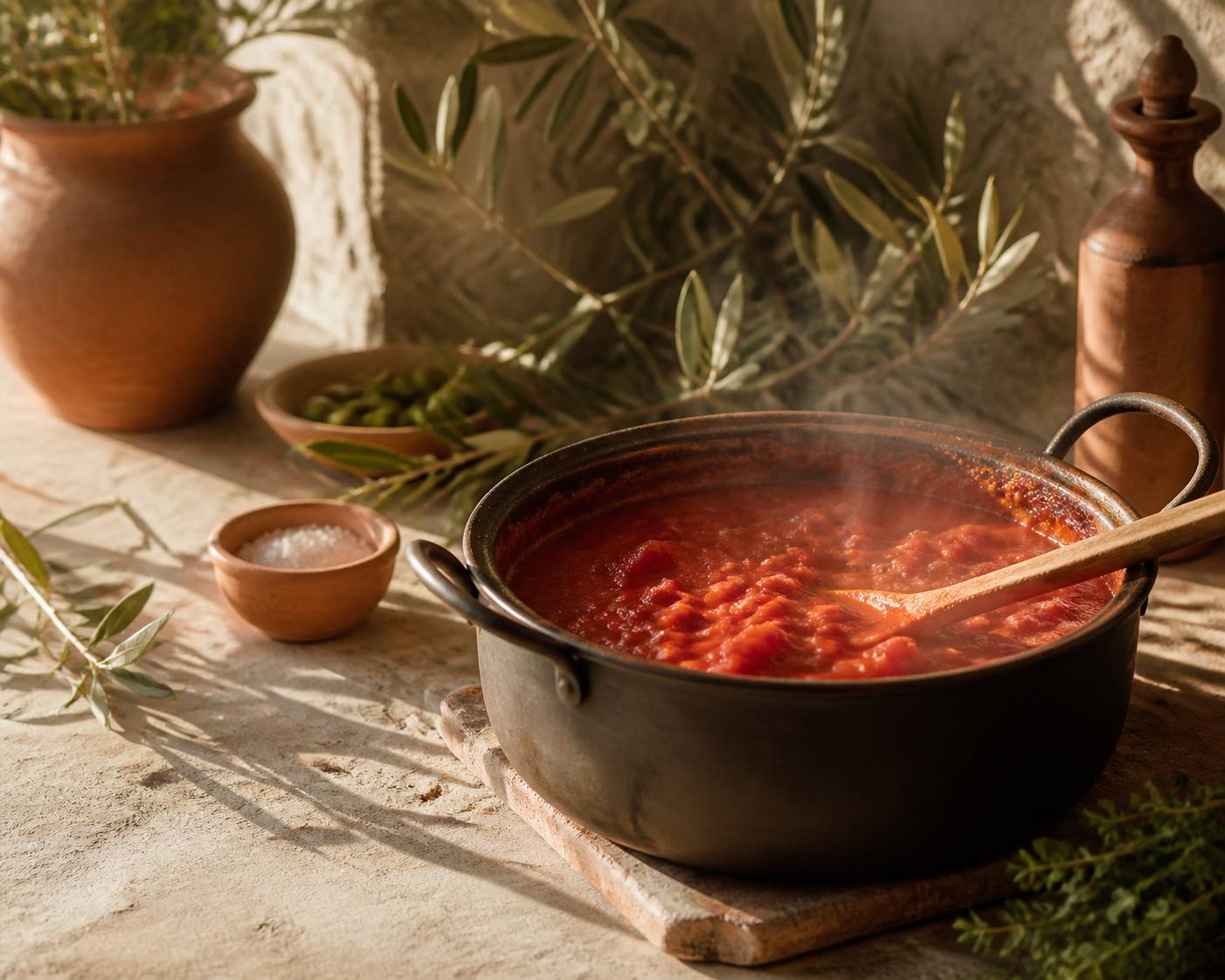 Casserole de sauce tomate mijotant à feu doux