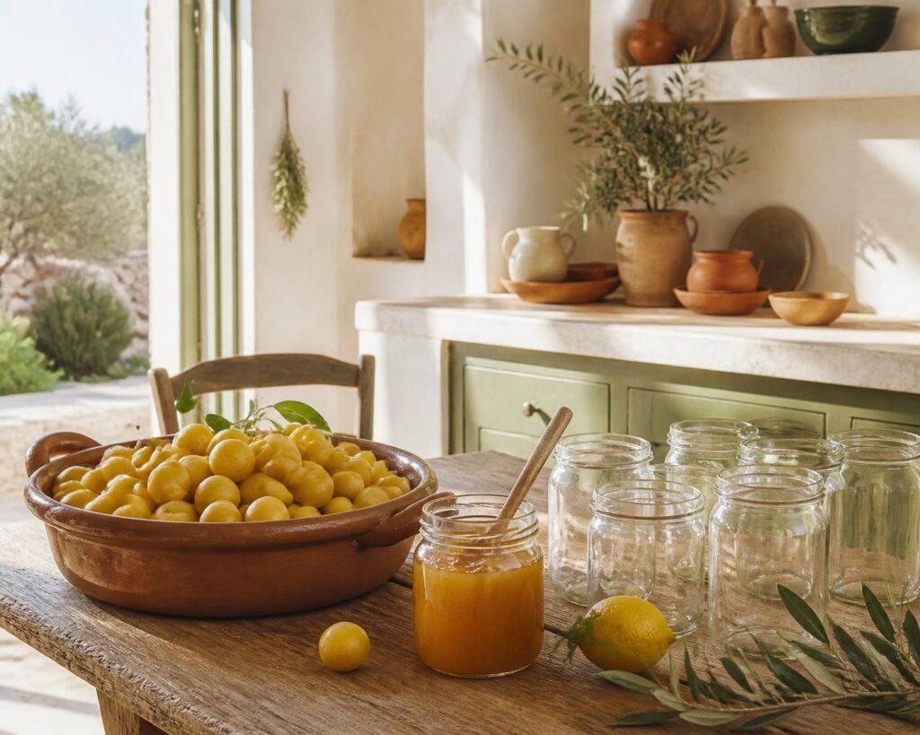 Mirabelles fraîches et pots de confiture maison sur une table