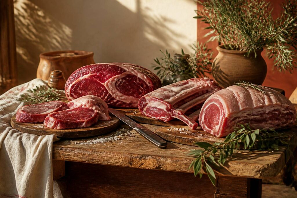 Morceaux de viande crue présentés sur des planches en bois