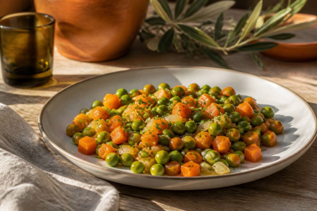 Assiette de petits pois carottes mijotés avec herbes fraîches