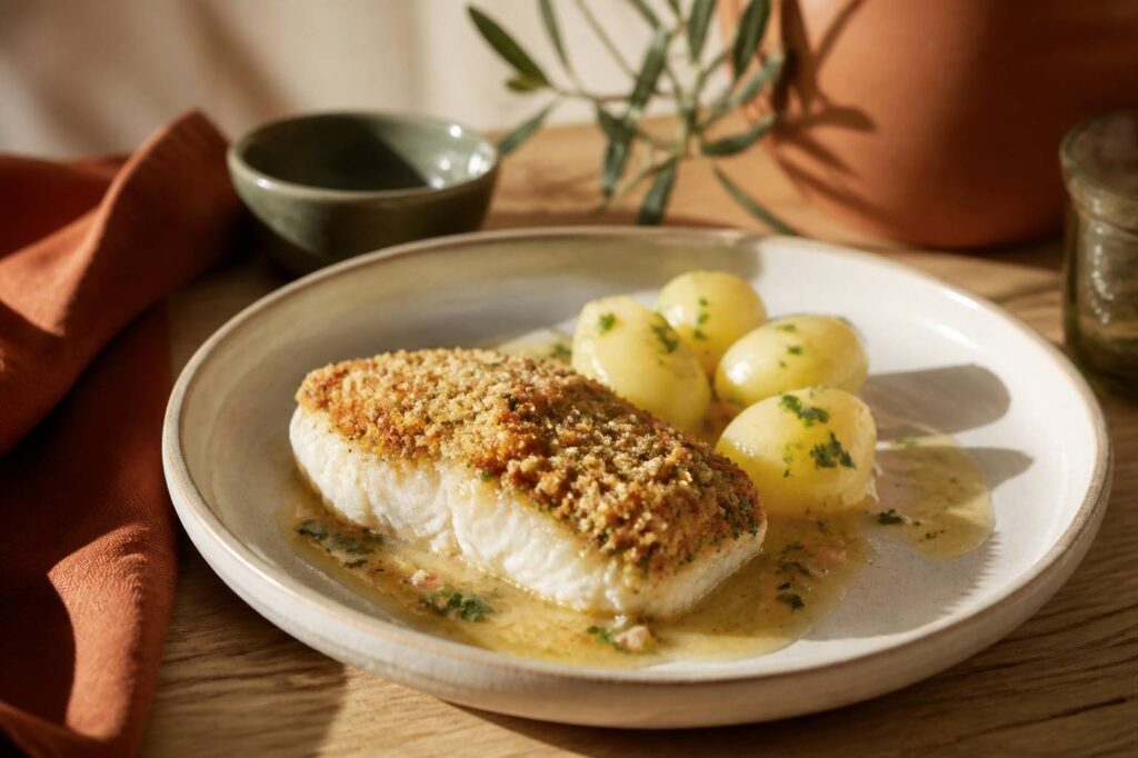 Filet de poisson blanc à la bordelaise avec une croûte dorée aux échalotes