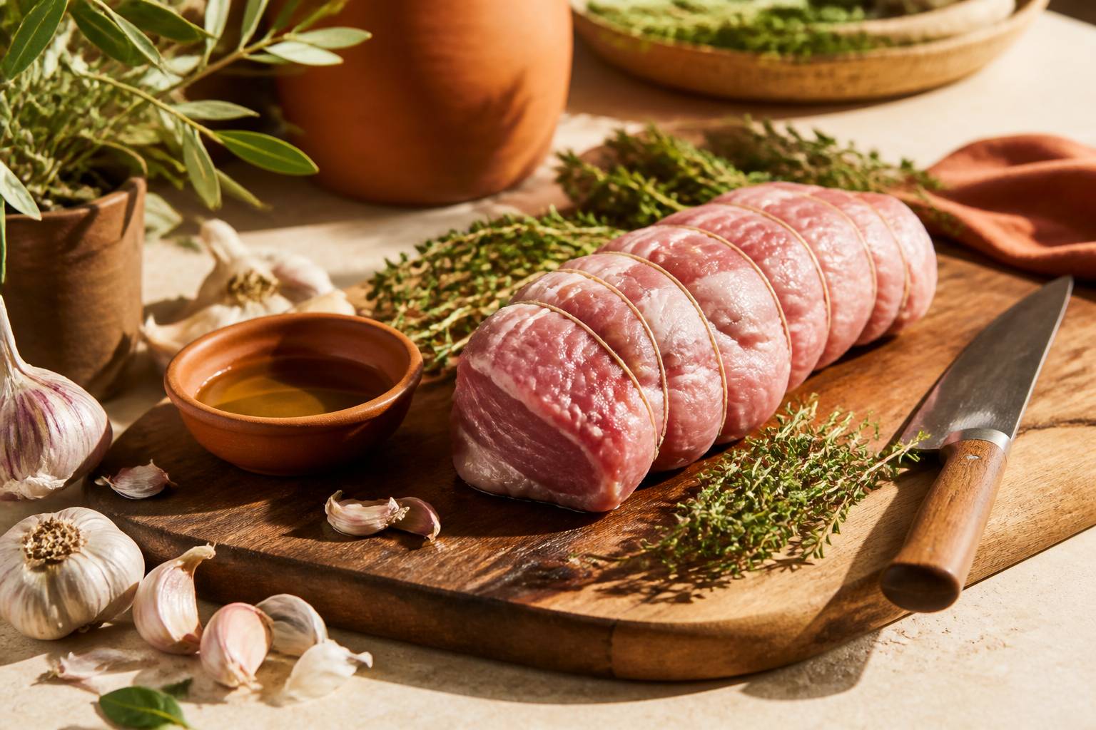 Filet mignon ficelé avec thym, ail et huile d'olive