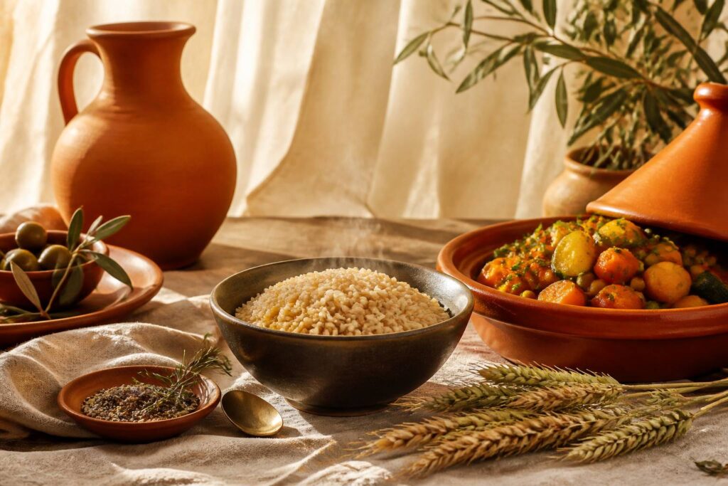 Bol de riz complet fumant sur une table méditerranéenne