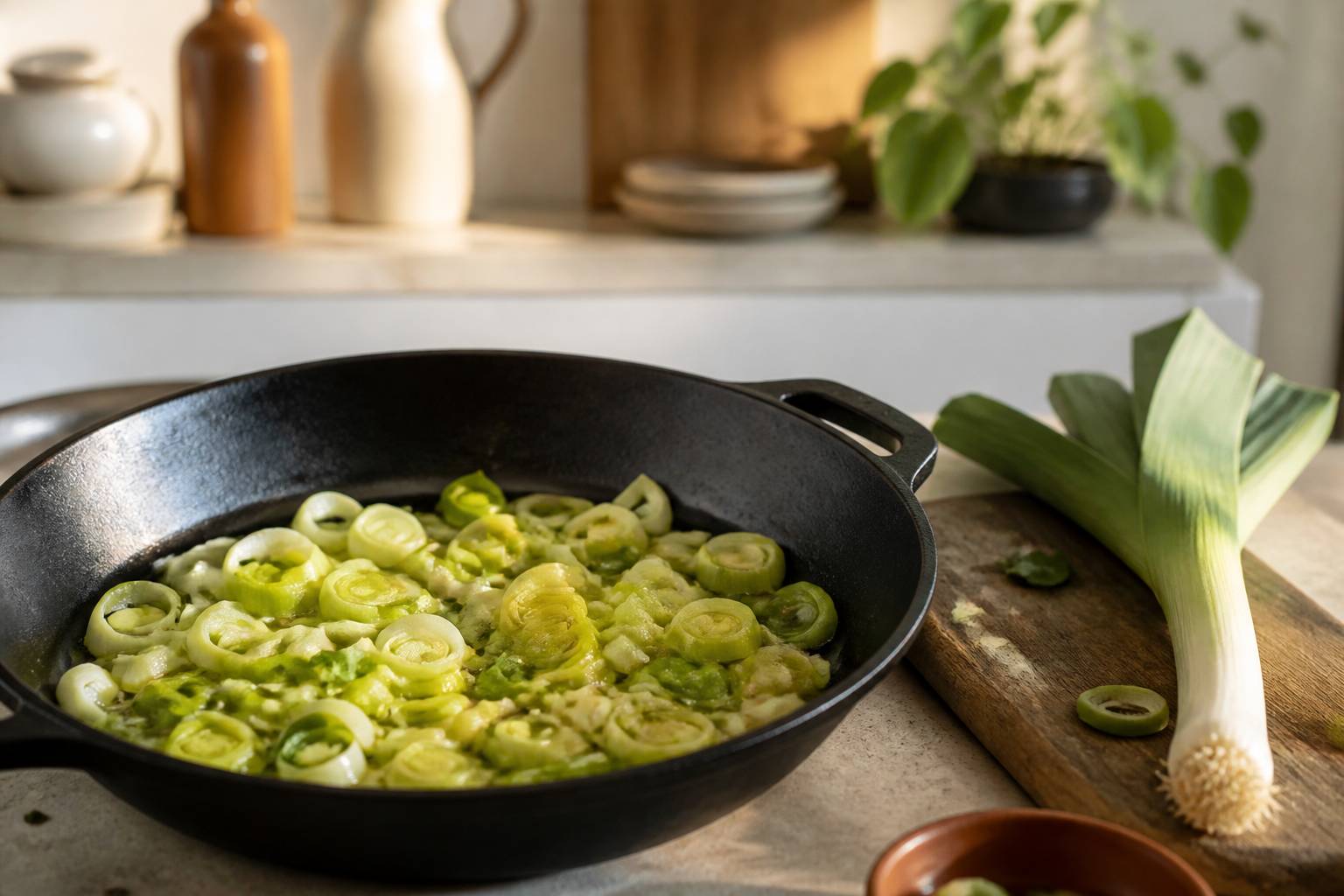Rondelles de poireau cuites à la poêle avec huile d'olive