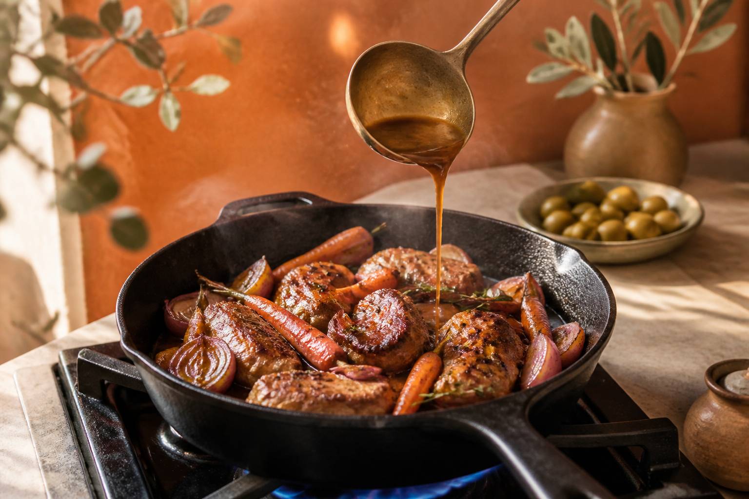 Saisie de veau dans une poêle en fonte avec un jus