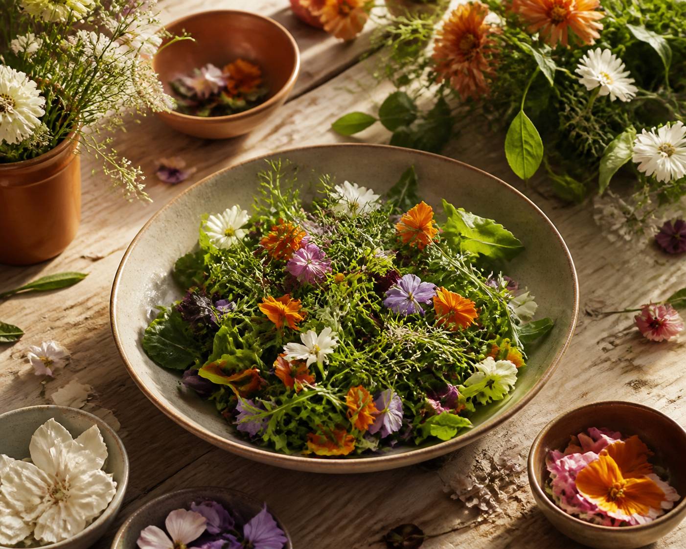 Salade fraîche parsemée de pétales de fleurs comestibles
