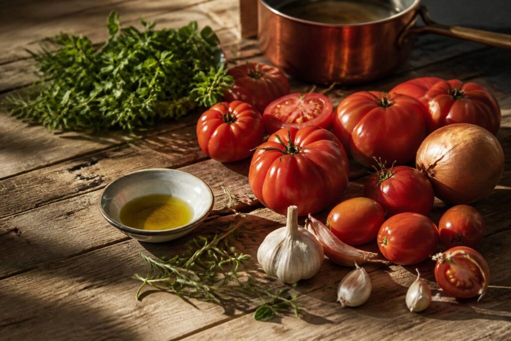 Tomates mûres, ail, oignon et herbes sur une table en bois