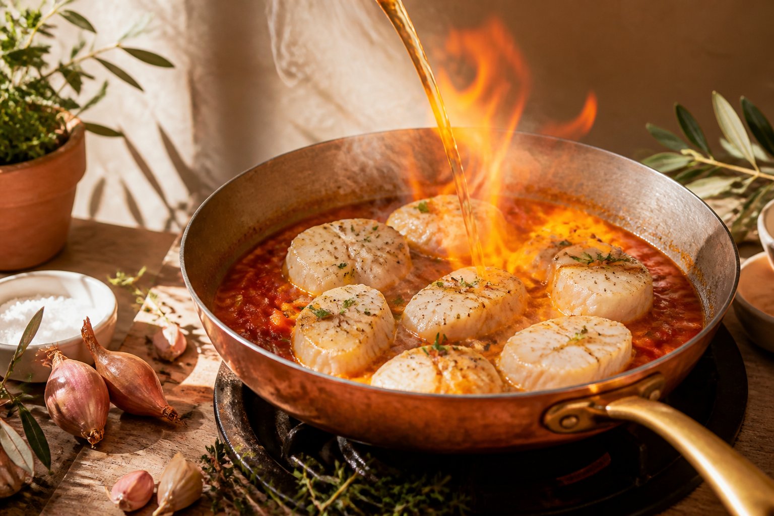 Sauce tomatée aux échalotes mijotant dans une poêle en cuivre avec des médaillons de lotte