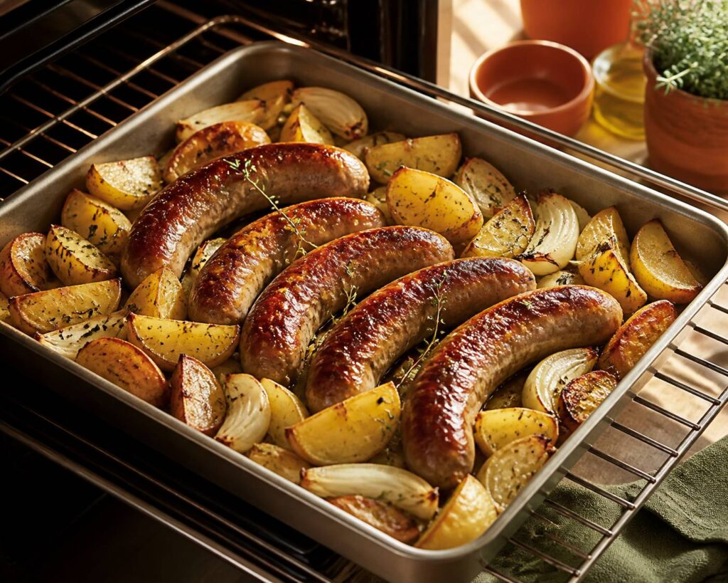 Saucisses dorées et croustillantes sur grille avec pommes de terre rôties
