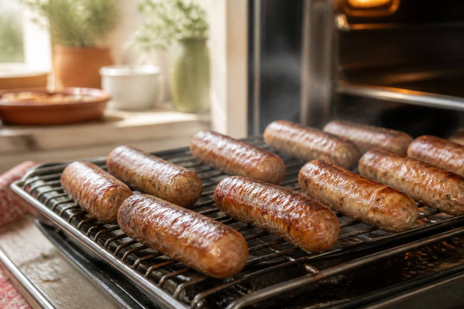 Saucisses espacées sur une grille posée sur plaque avec vapeur légère