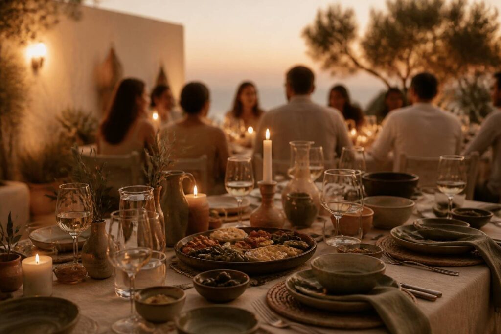 Table de dîner conviviale avec des verres, des bougies et des assiettes dressées