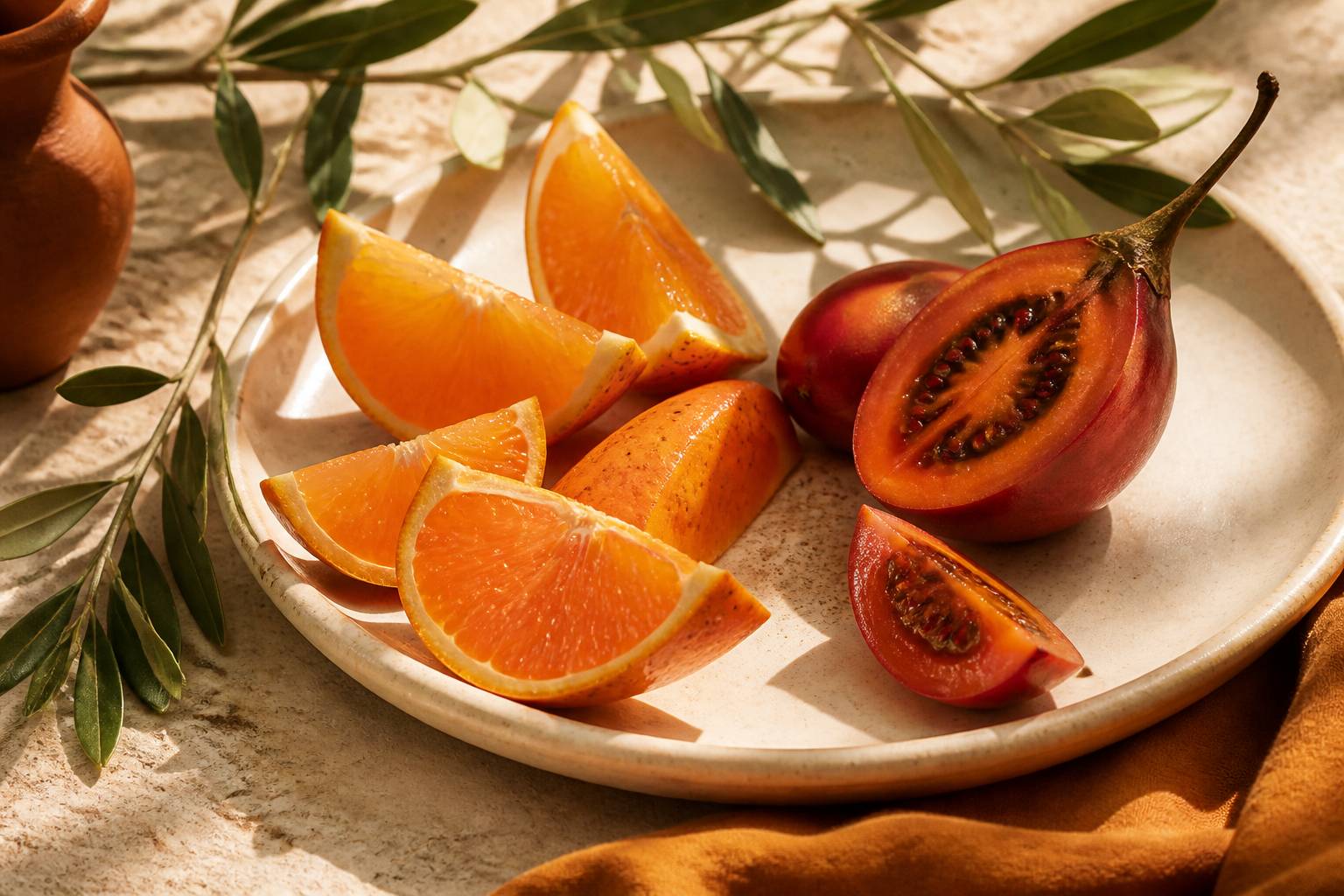 Tangelo coupé en quartiers et tamarillo ouvert sur une assiette en céramique