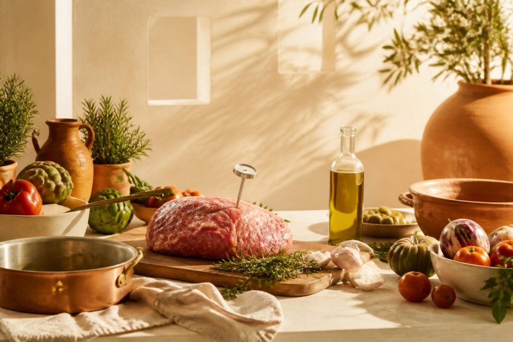 Table de cuisine méditerranéenne avec thermomètre de cuisson