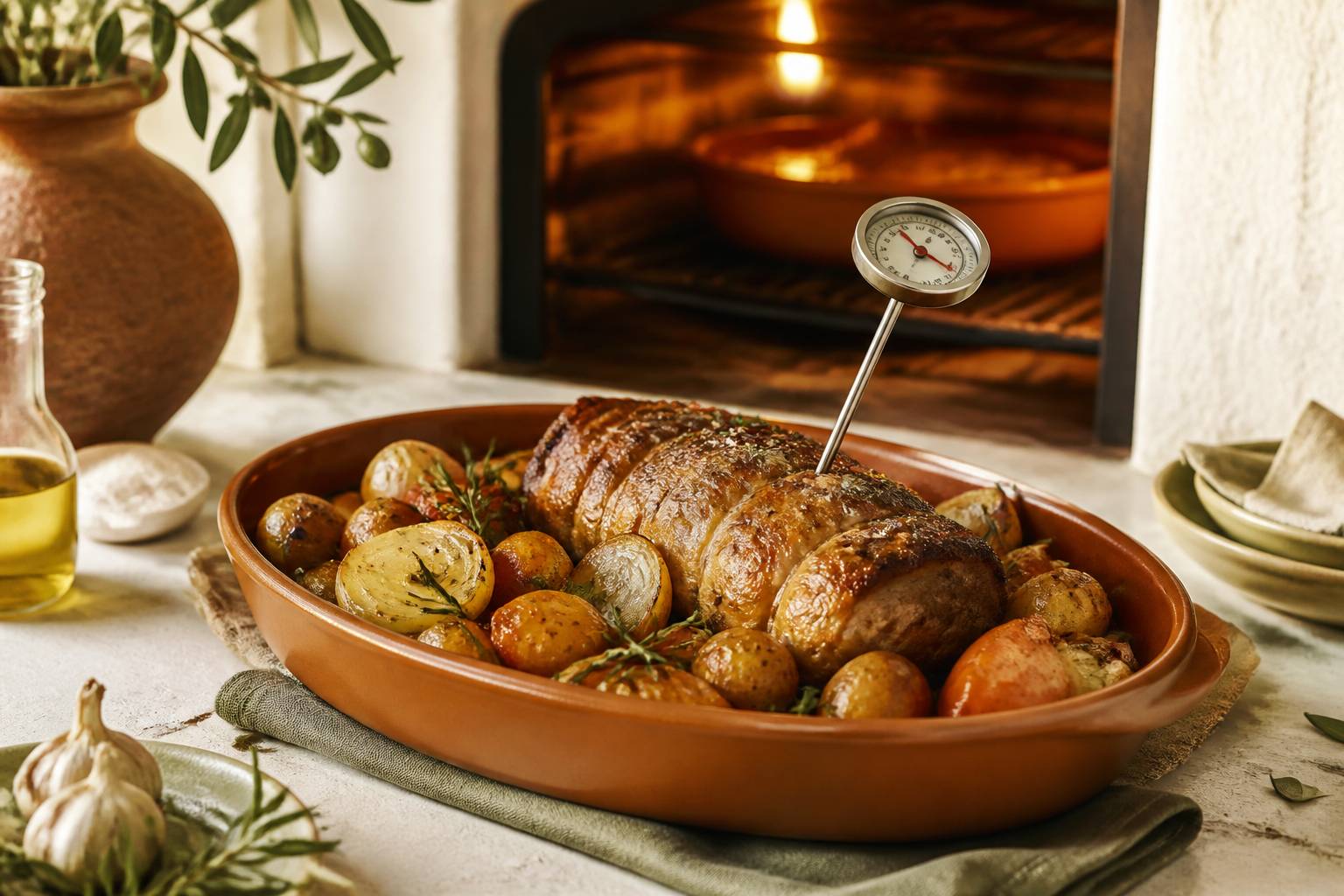 Thermomètre planté dans une pièce de viande rôtie avec légumes