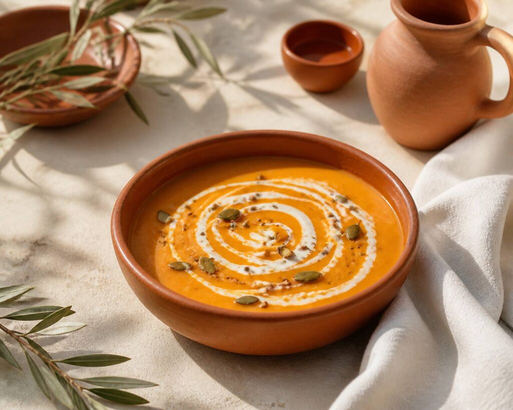 Bol de velouté orange nappé de lait de coco sur une table méditerranéenne en terracotta