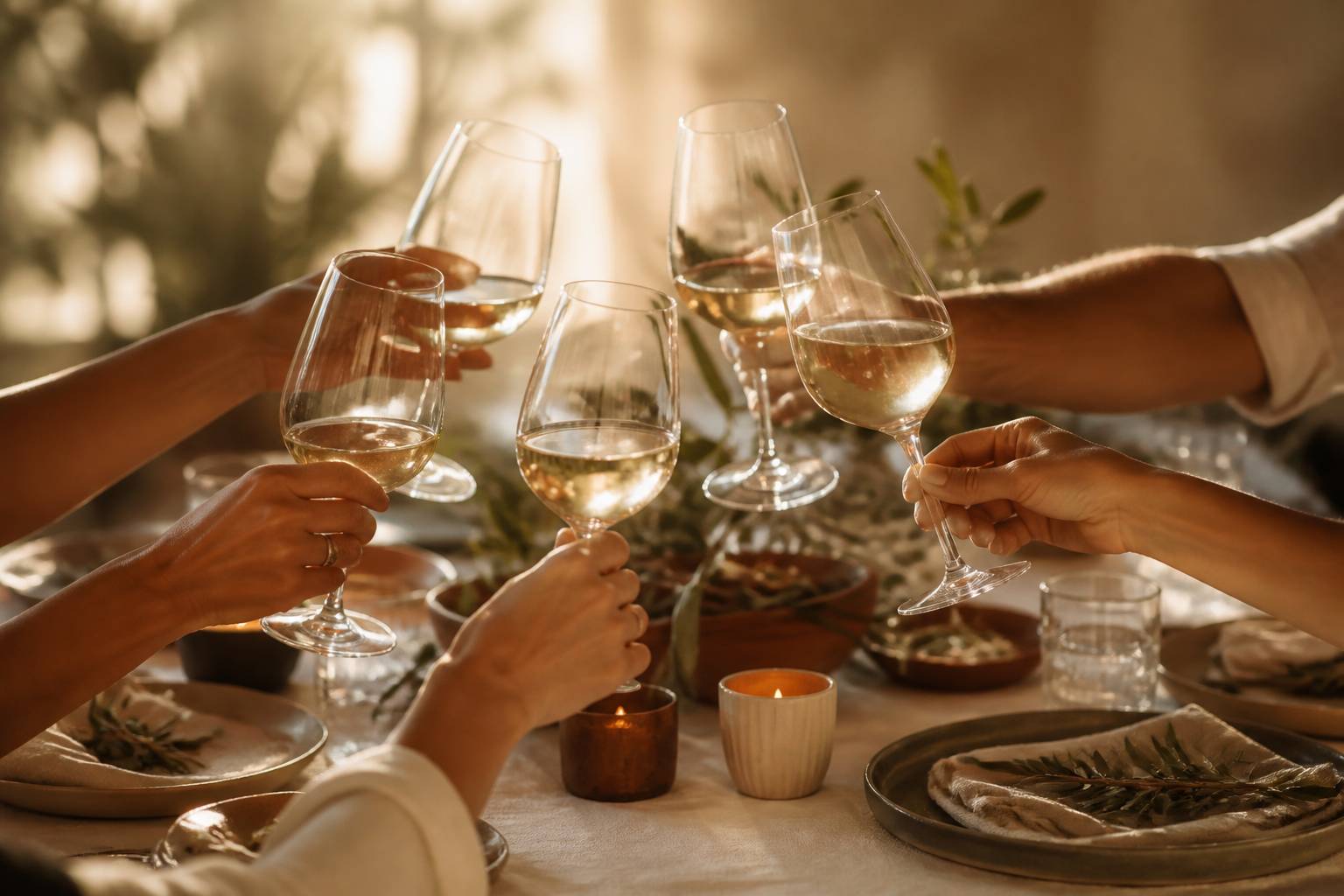 Verres levés autour d'une table dans une ambiance chaleureuse avec des bougies