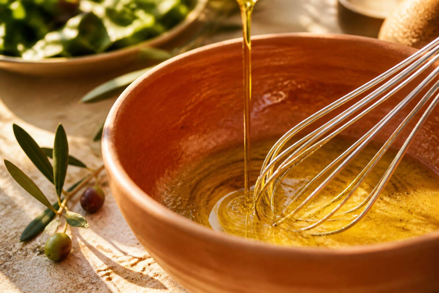 Vinaigrette maison émulsionnée au fouet avec filet d'huile d'olive