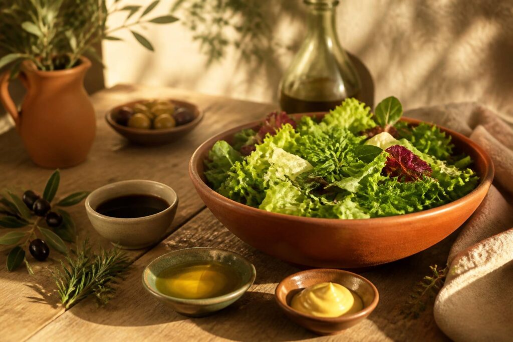 Bol de salade verte avec huile d'olive et vinaigre en ramequins