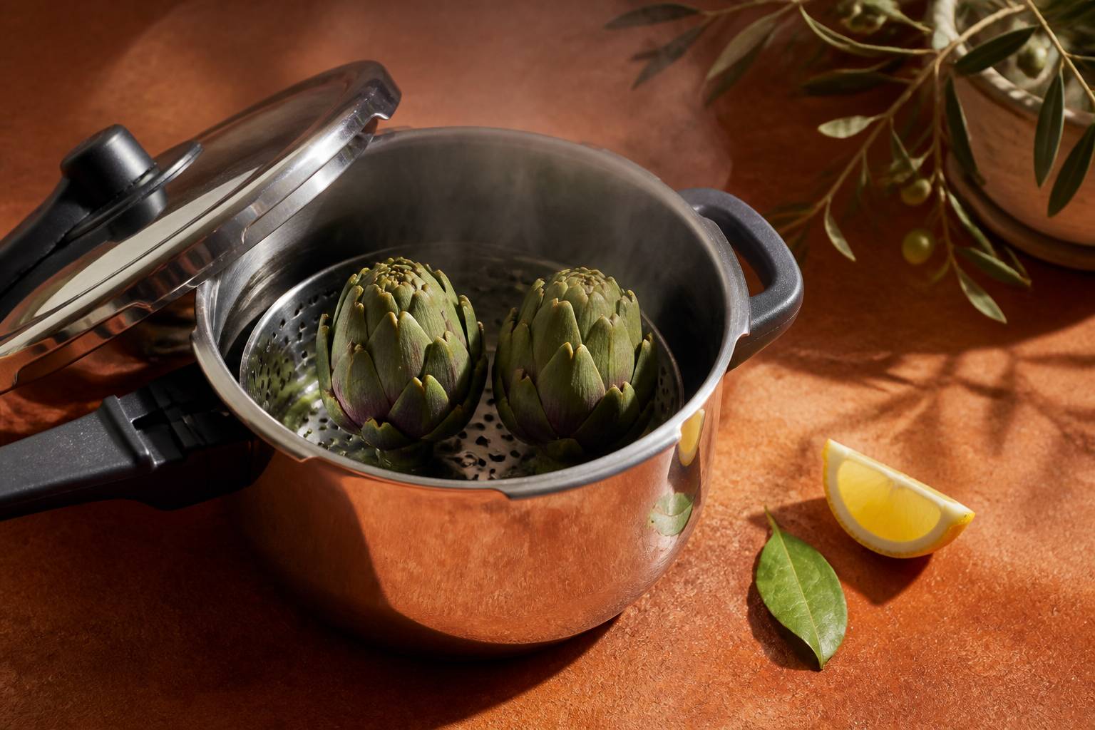 Artichauts à la vapeur dans le panier d'une cocotte-minute ouverte