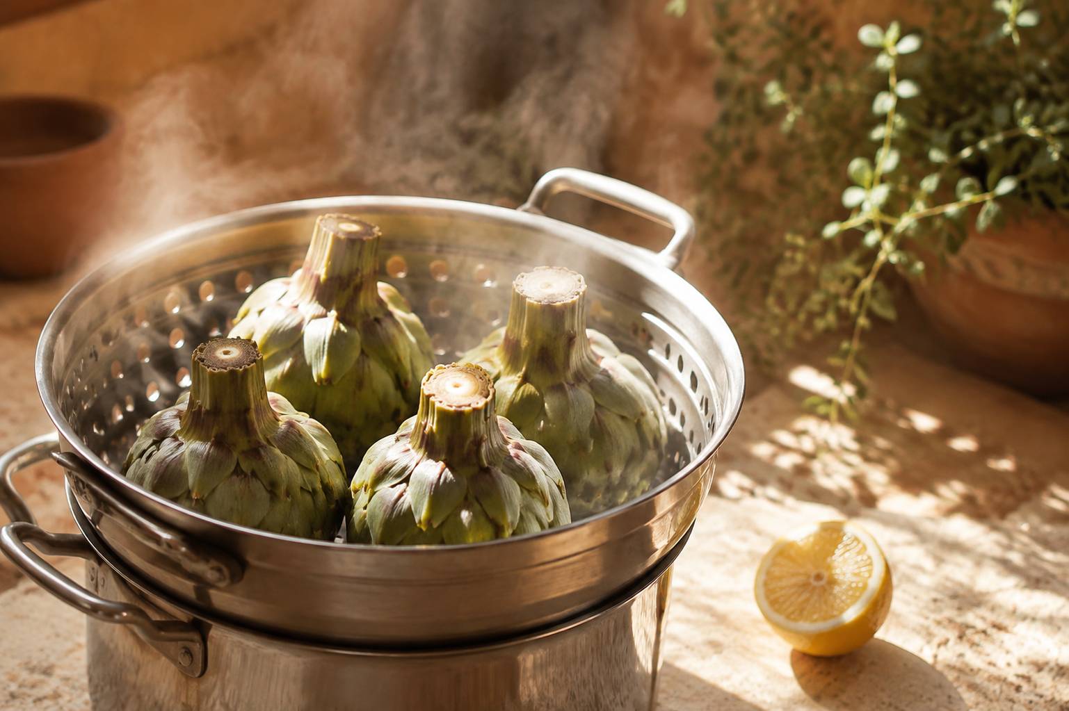 Artichauts parés tête en bas dans un panier vapeur au-dessus d'une casserole d'eau