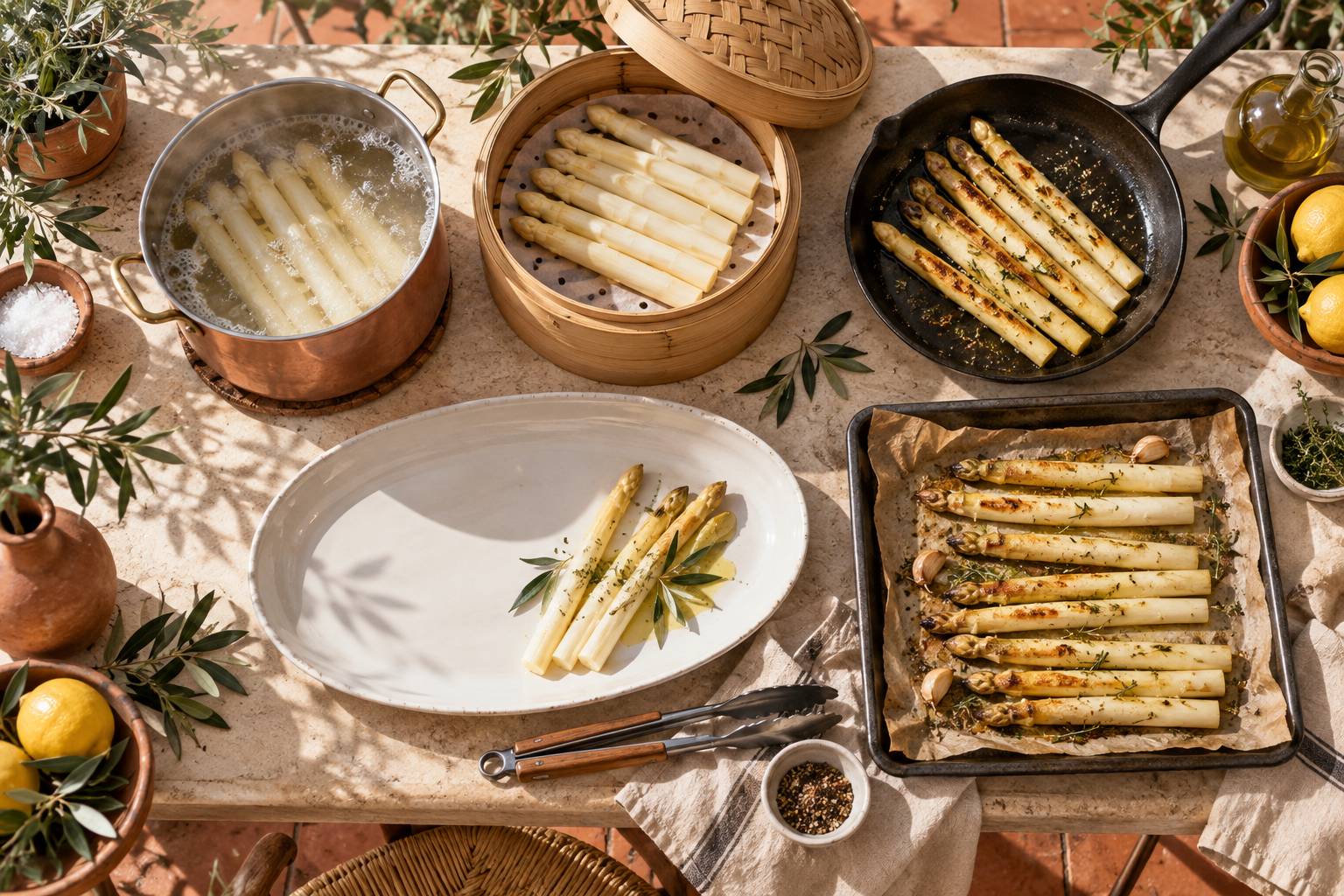 Asperges blanches en cuisson a l'eau, a la vapeur, a la poele et au four