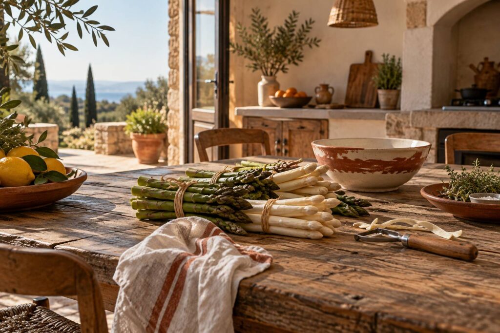 Bottes d'asperges blanches et vertes sur une table rustique avec torchon de lin