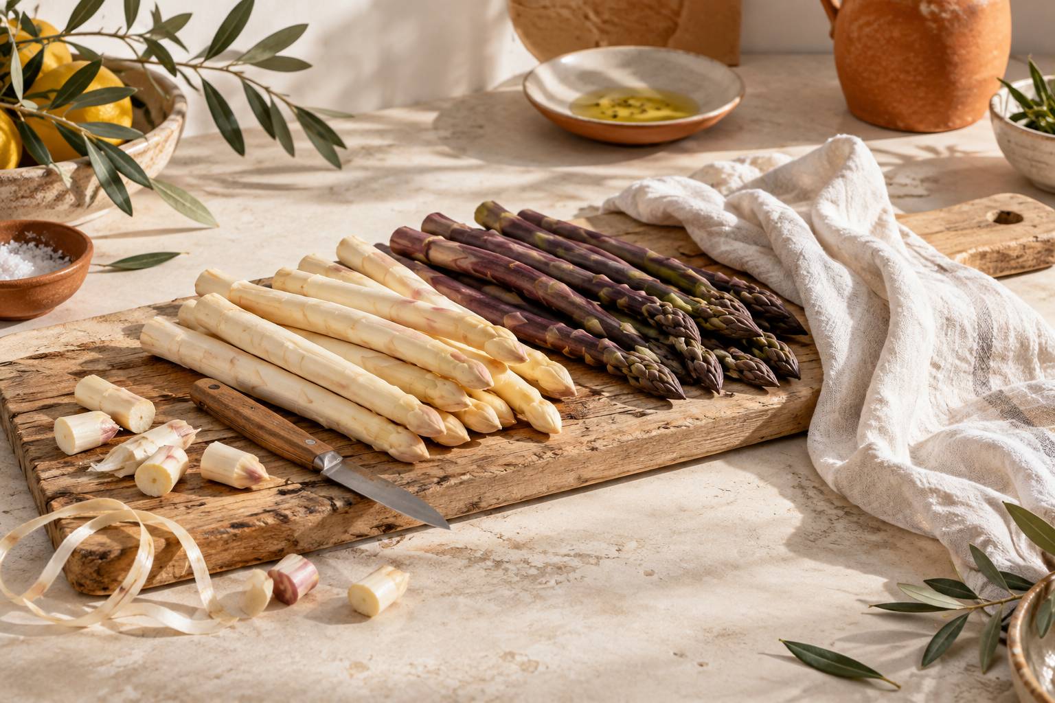 Asperges fraîches blanches et violettes et couteau sur une planche en bois