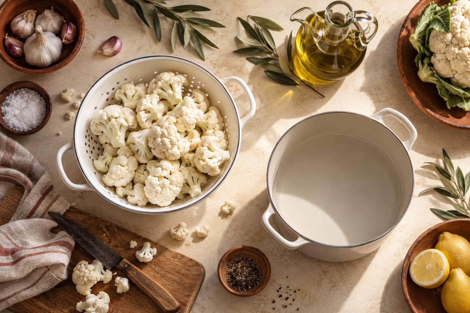 Bouquets de chou-fleur crus dans une passoire sur un plan de travail eclaire
