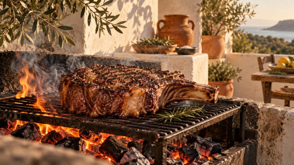 Côte de bœuf épaisse sur un grill au-dessus de braises incandescentes