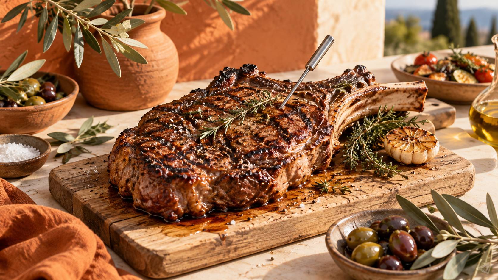 Gros plan sur une côte de bœuf grillée avec sonde de cuisson sur une planche