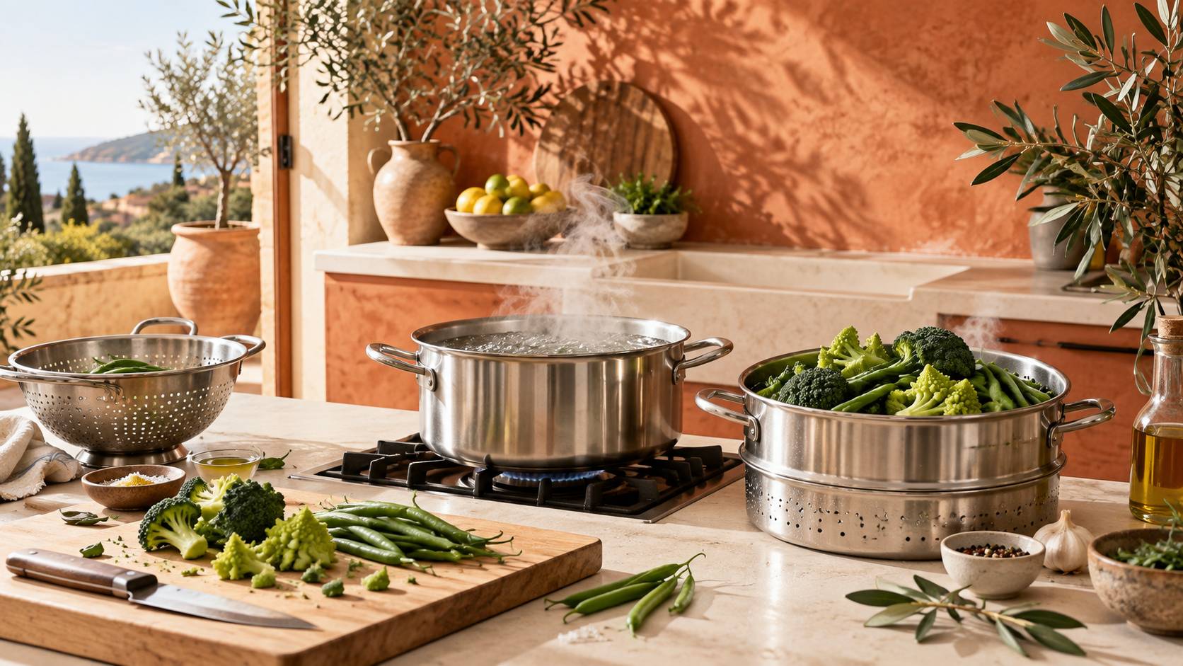 Panier vapeur de fleurettes de brocoli au-dessus d'une casserole