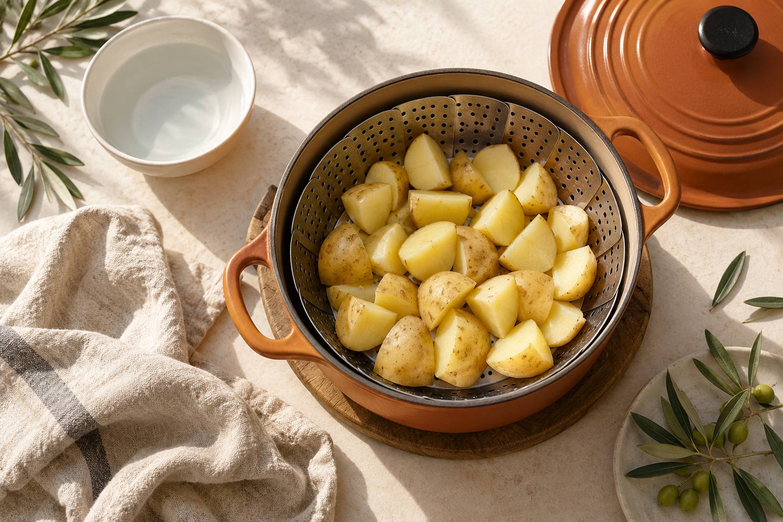 Panier vapeur et pommes de terre coupees pres d'une cocotte-minute