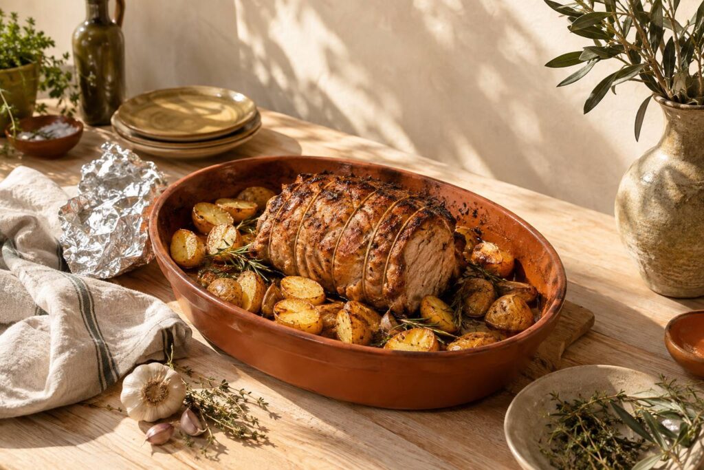 Roti de porc ficele dore au four dans un plat en terre cuite avec pommes de terre