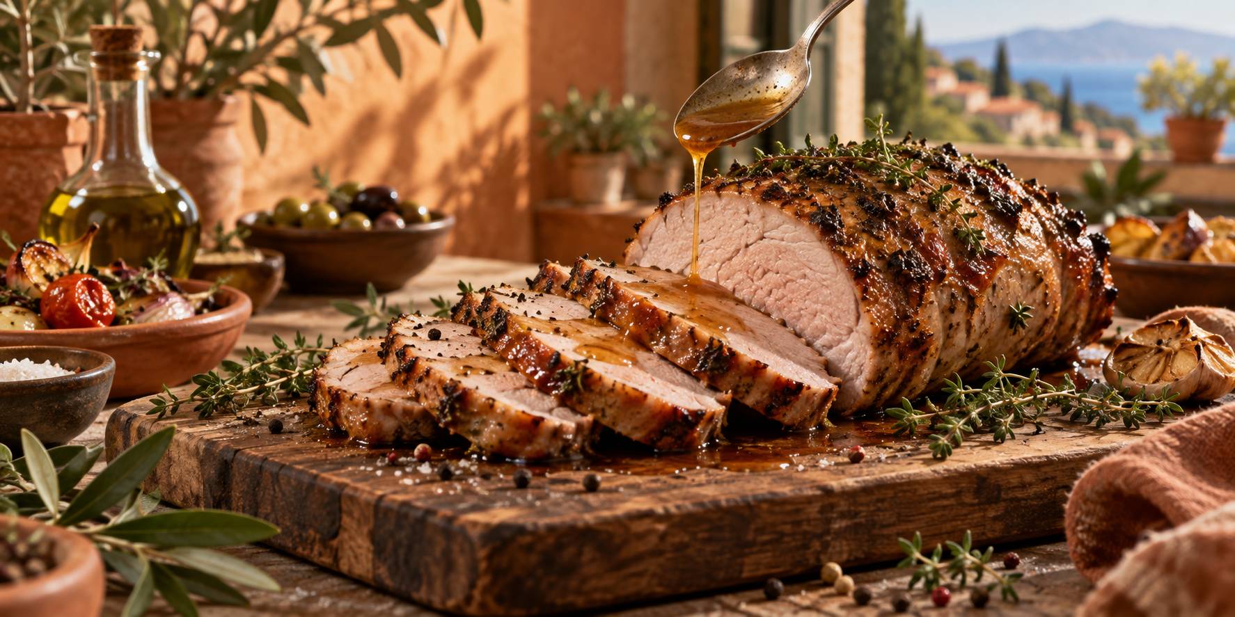 Roti de porc tranche sur une planche en bois avec son jus et des herbes fraiches