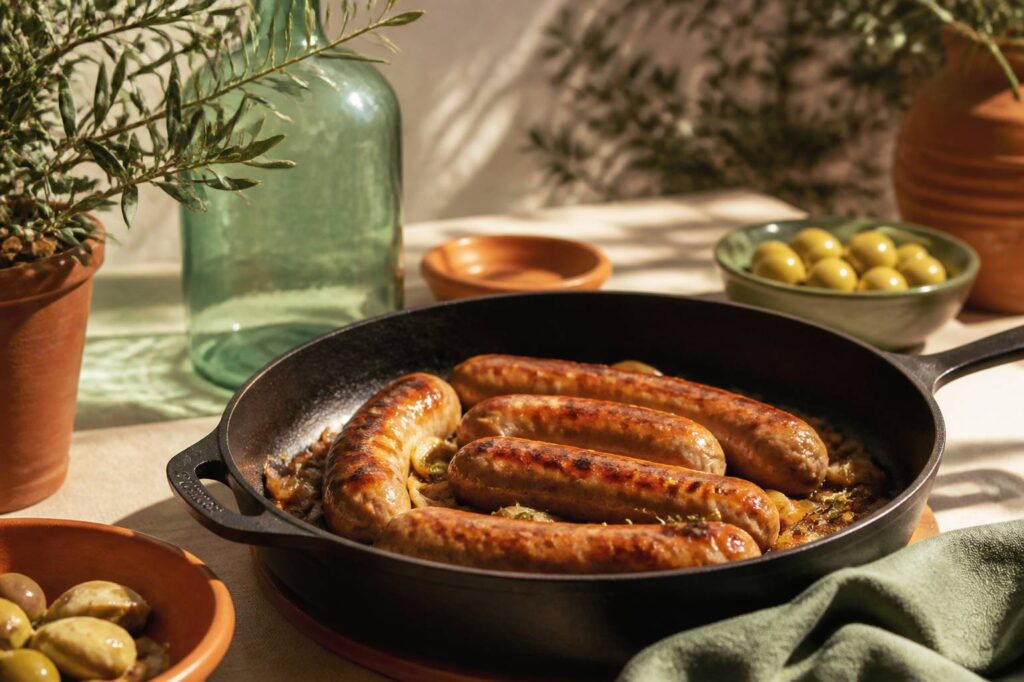 Saucisses de Toulouse grillant dans une poêle en fonte avec oignons