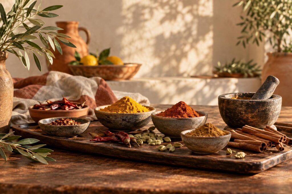 Bols d'epices de curry en poudre et piments sur une table de cuisine
