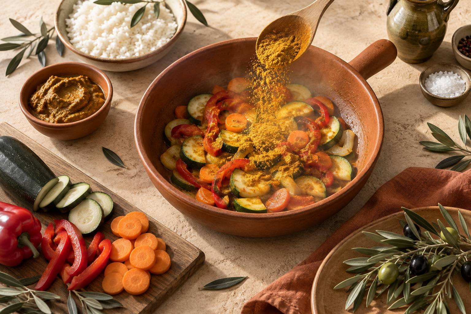 Poudre de curry versee a la cuillere dans une poele sur un plan de travail