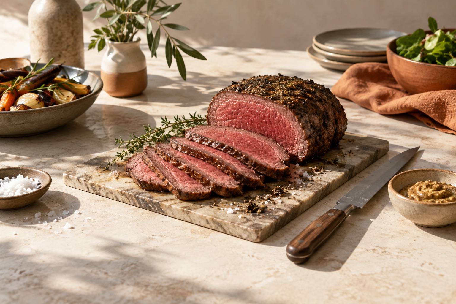 Tranches de rosbeef rosé alignées avec fleur de sel et moutarde