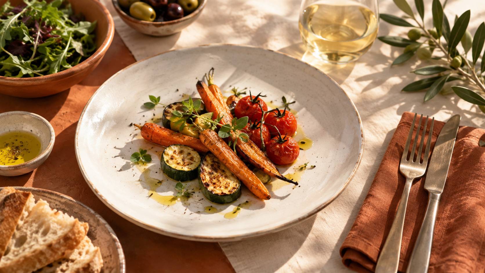 Détail d'une assiette dressée avec légumes rôtis et herbes fraîches