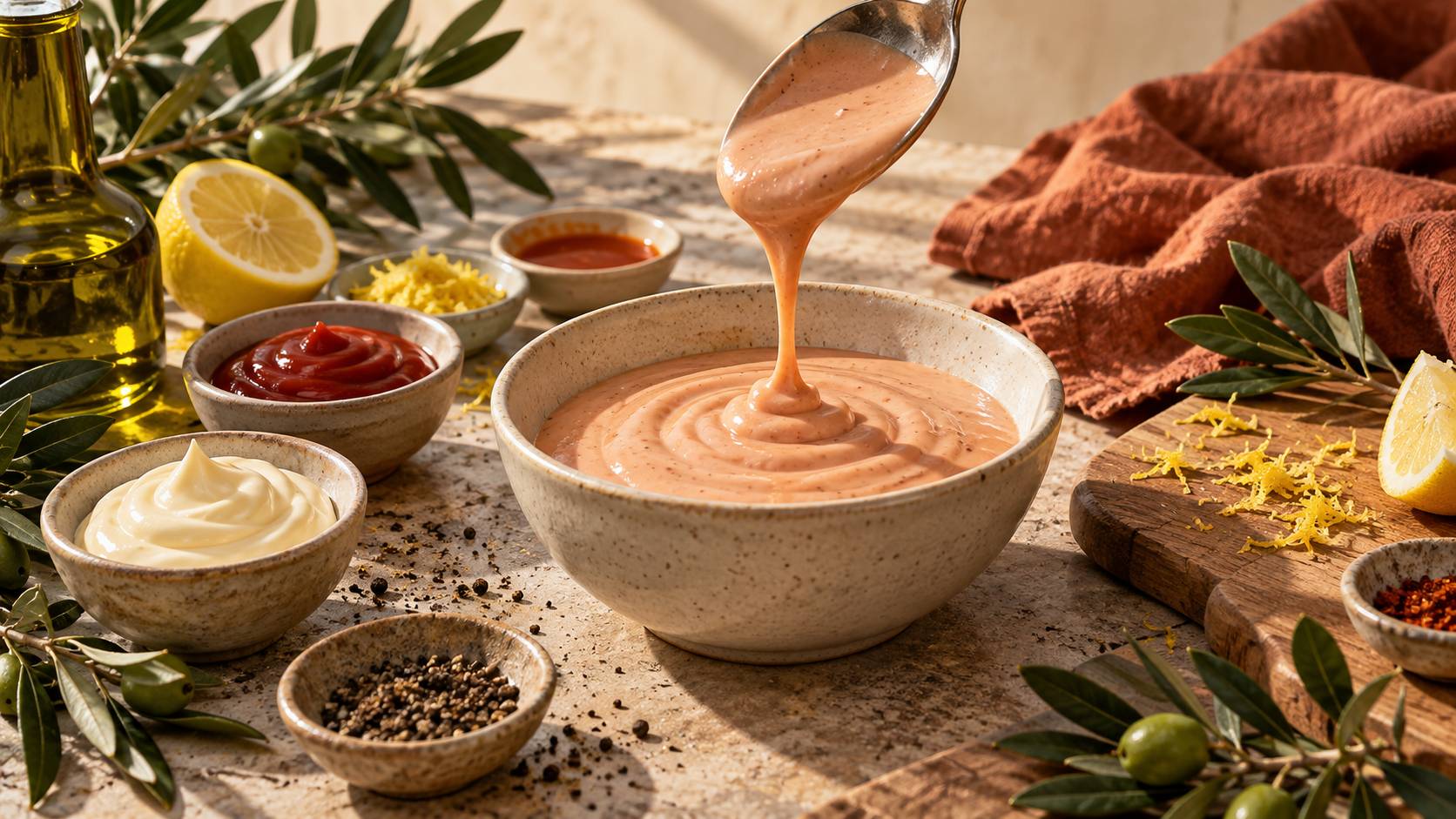 Détail d'une sauce cocktail crémeuse versée à la cuillère
