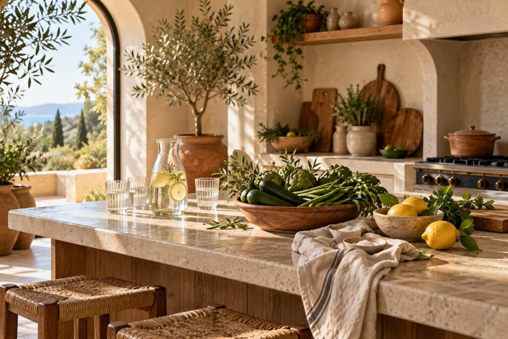 Carafe d'eau citronnee sur une cuisine lumineuse avec verres poses
