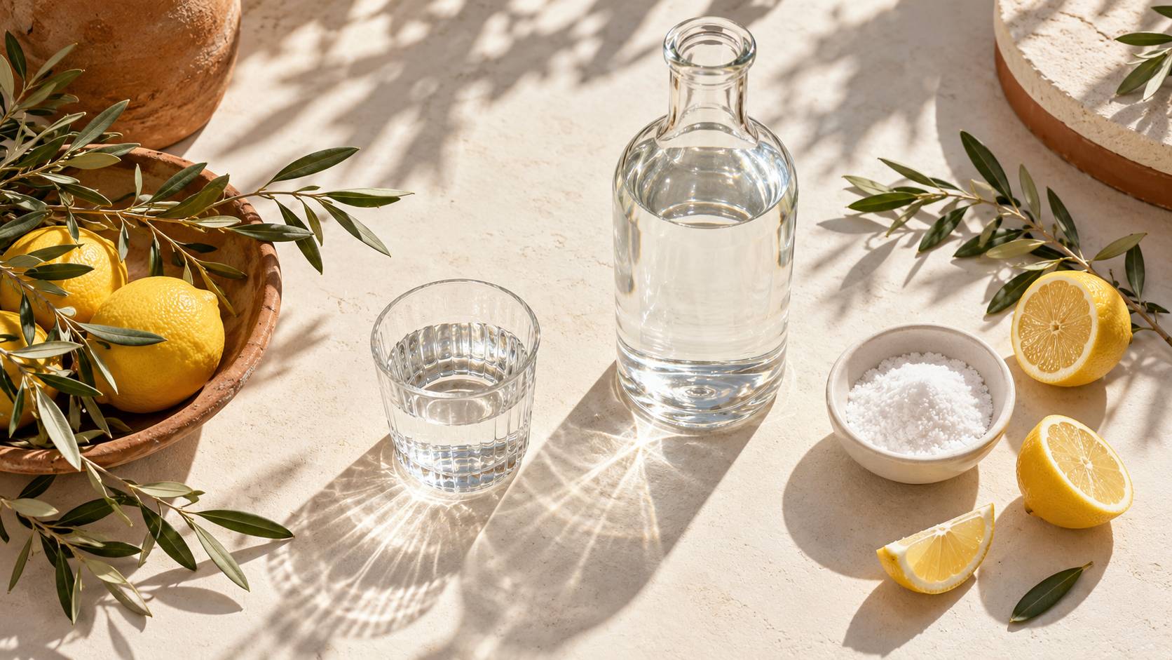 Verre d'eau, citron et coupelle sur un plan de travail de cuisine
