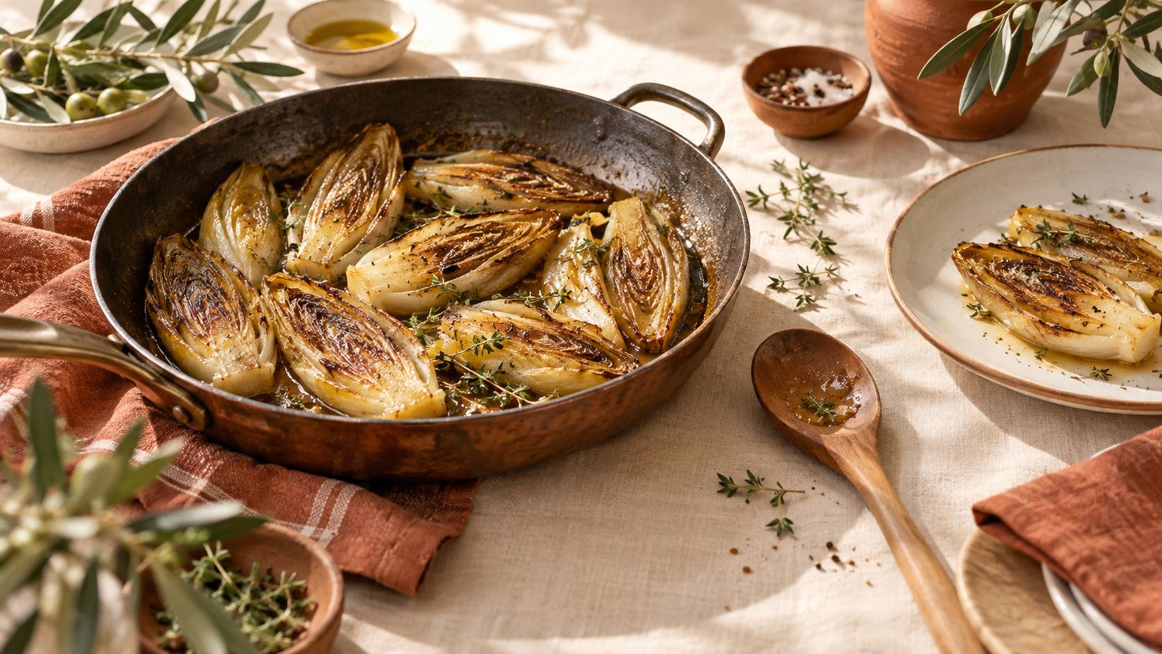 Endives fraiches sur une planche en bois avec couteau de chef et citron