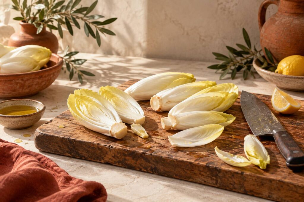 Endives fraiches sur une planche en bois avec couteau de chef et citron