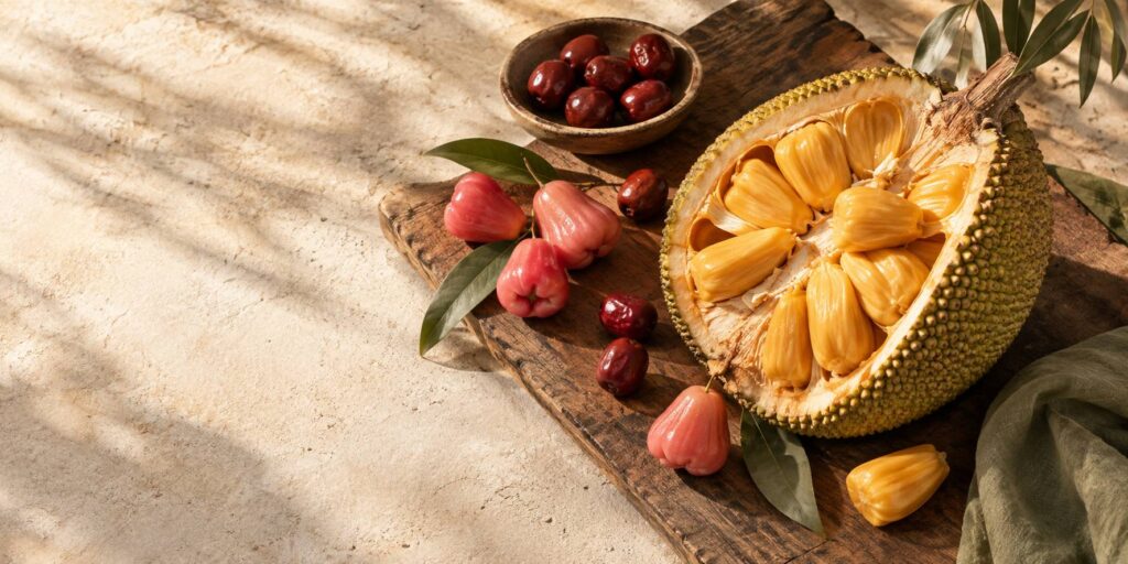 Fruits exotiques commençant par J dont jacquier et jujube sur fond clair