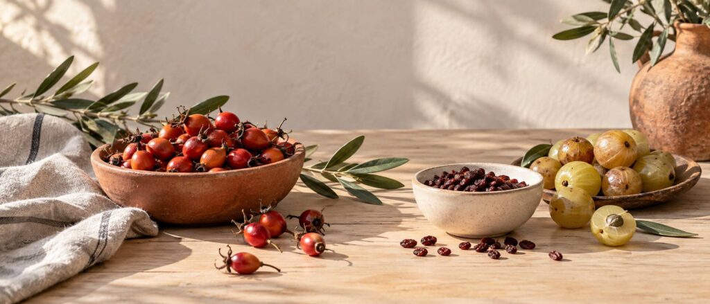 Petits fruits rouges d'églantier et baies d'épine-vinette disposés sur une assiette en céramique