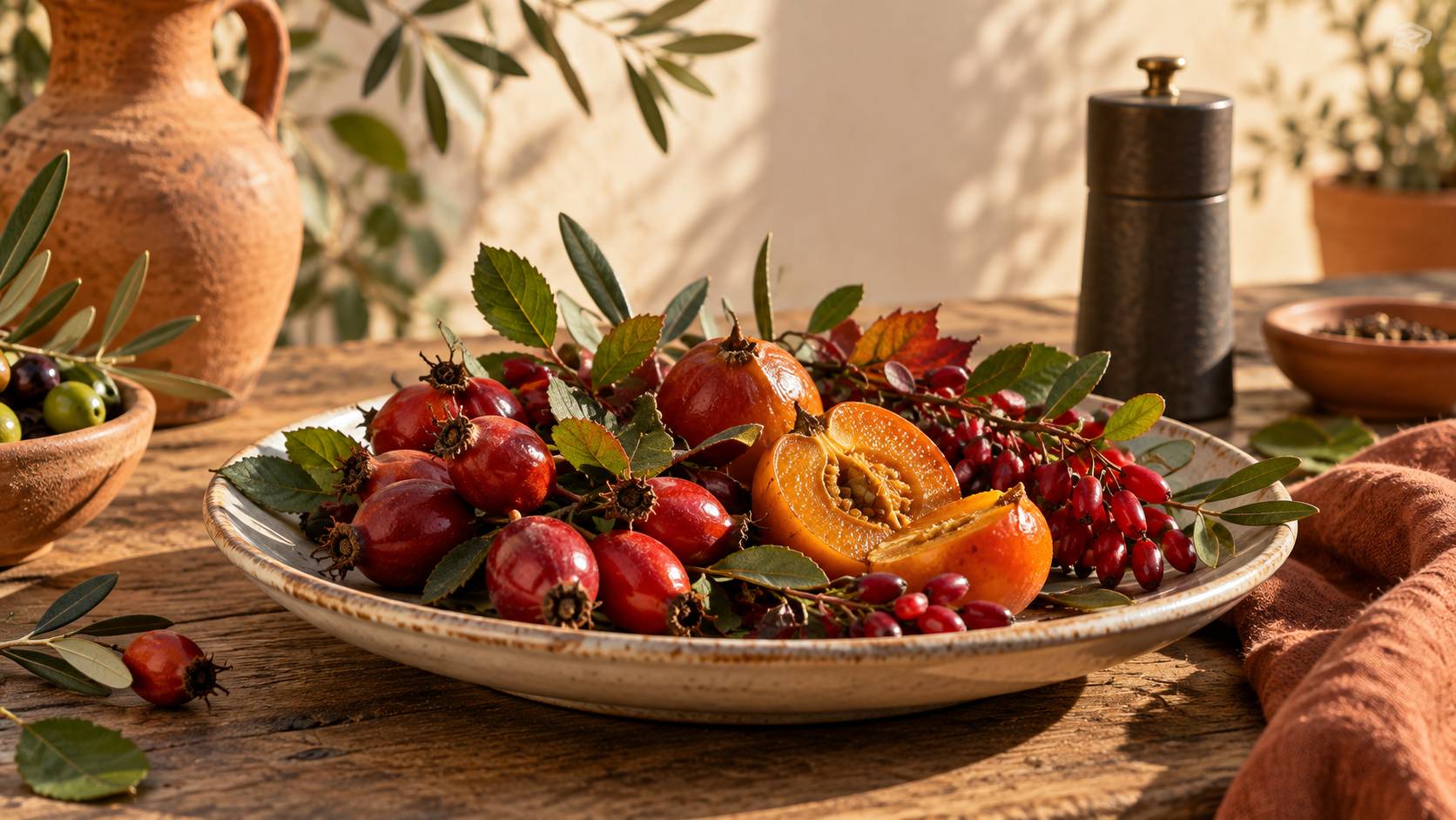 Petits fruits rouges d'églantier et baies d'épine-vinette disposés sur une assiette en céramique